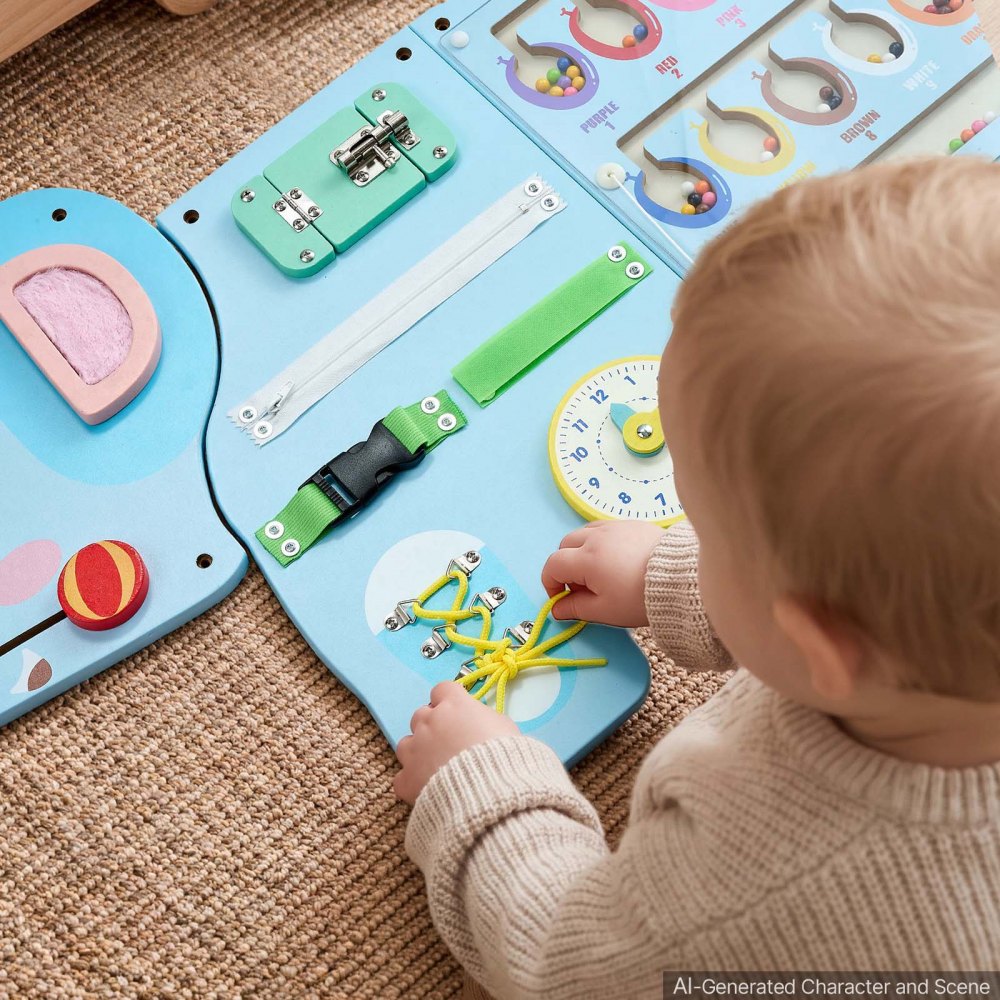 VEVOR Montessori Busy Board 14-in-1 Sensorisches Wandmotorikbrett Elefant, Beschäftigungsbrett zur Bildung & Frühe Entwicklung für Kinder, aus MDF-Platten, mit Xylophon Uhr Zahnrädern & Lernelementen