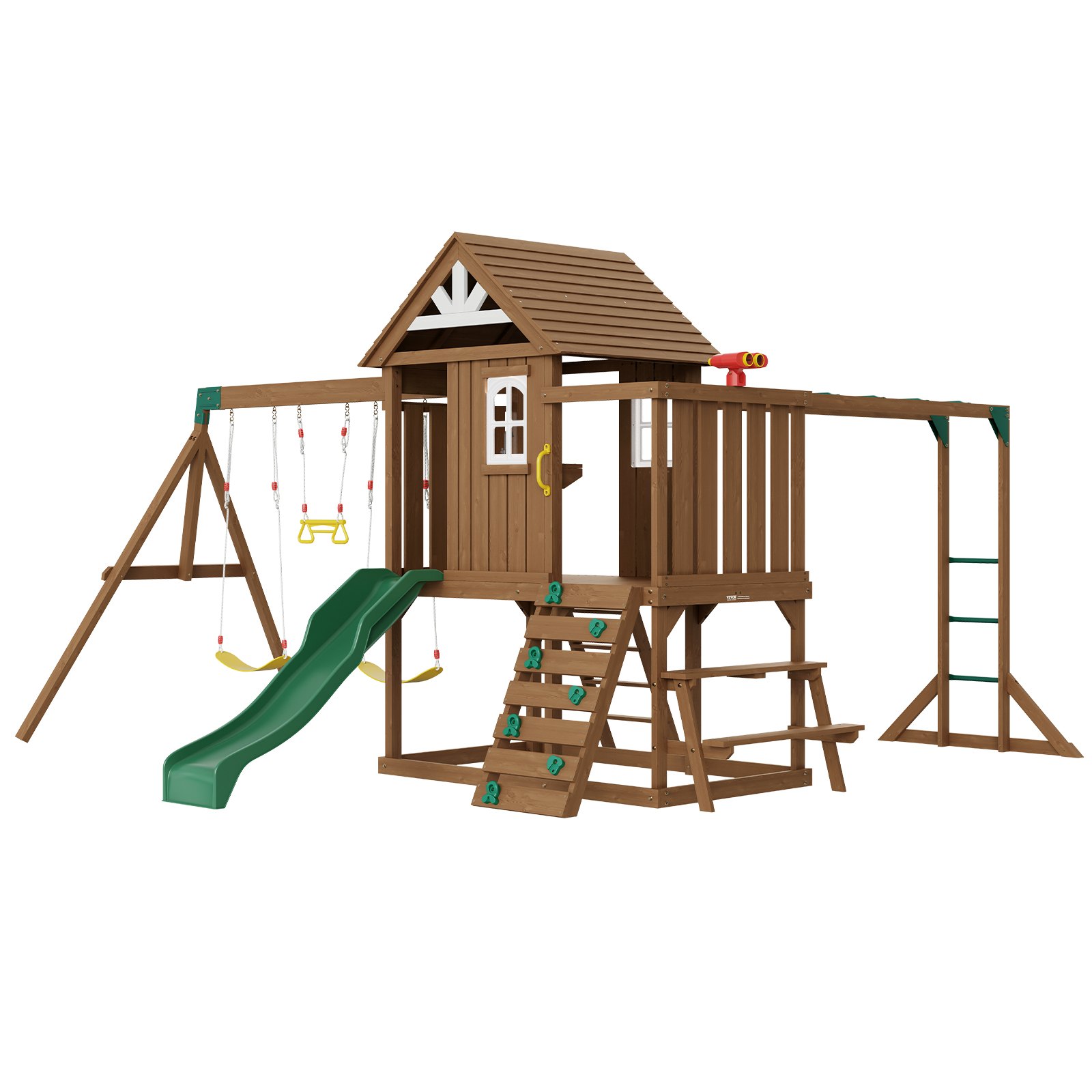 VEVOR Schaukelset Holz 10 in 1 Spielplatz-Sets für Hinterhöfe, 2 Schaukeln, Trapezstange, 1,8 m Rutsche, große obere Festung, flache Trittleiter, Kletterwand, Picknicktisch, Sandkasten, Sturmleiter
