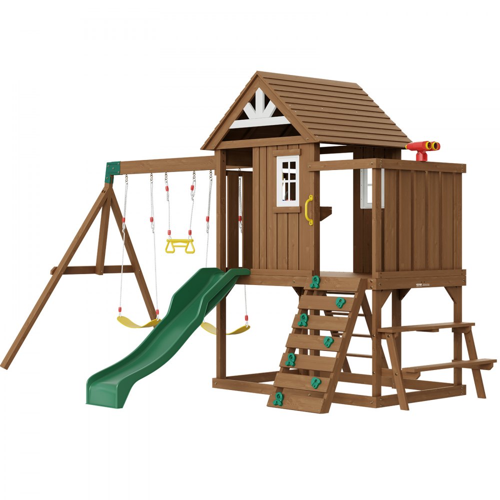 VEVOR Holz Schaukel Set 9 in 1 Outdoor Spielplatz Sets 1,8m Rutsche Oberen Fort