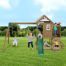 VEVOR Holz Schaukel Set 9 in 1 Outdoor Spielplatz Sets 1,8m Rutsche Oberen Fort