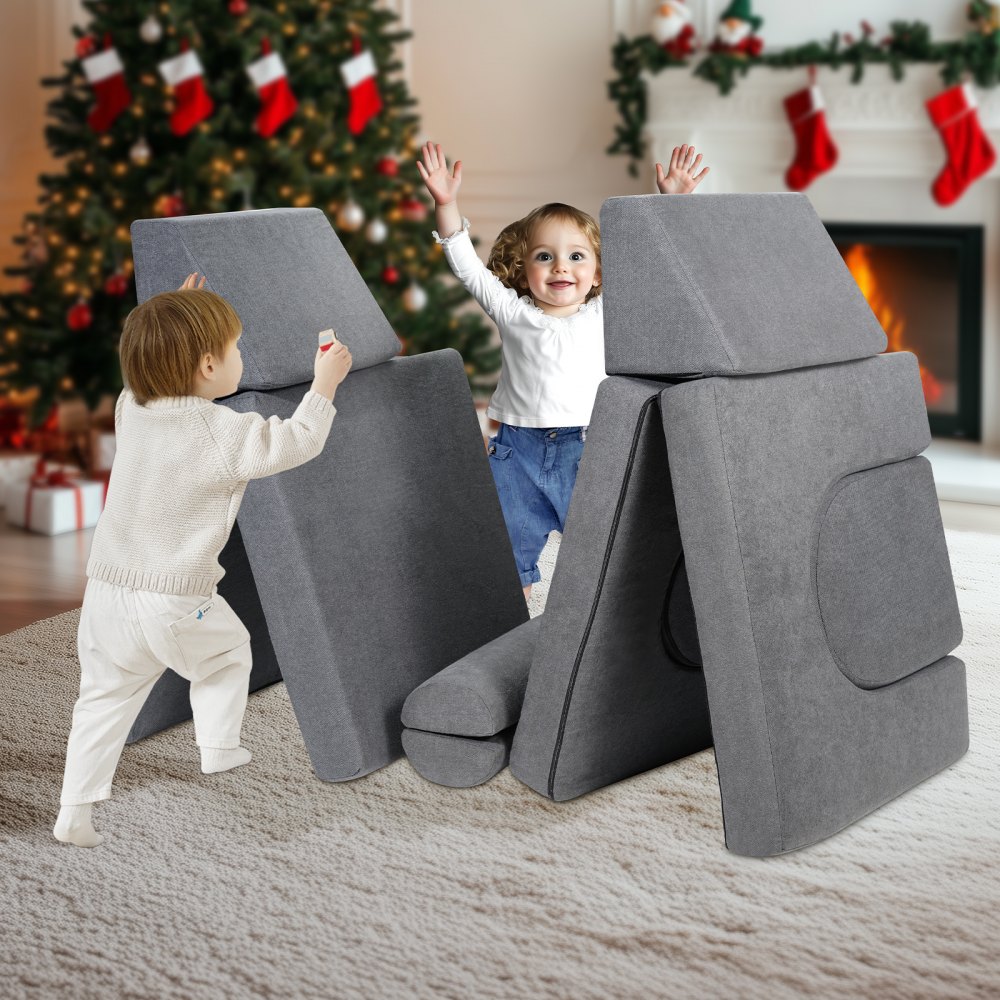 VEVOR Spielsofa Kindersofa aus Chenille-Stoff Bausteine 10-teilig, Kinderspielsofa mit abnehmbarem Bezug 80 kg belastbare Kindercouch, umwandelbares Kindersofa Spielzimmermöbel zum Schlafen Lesen Grau
