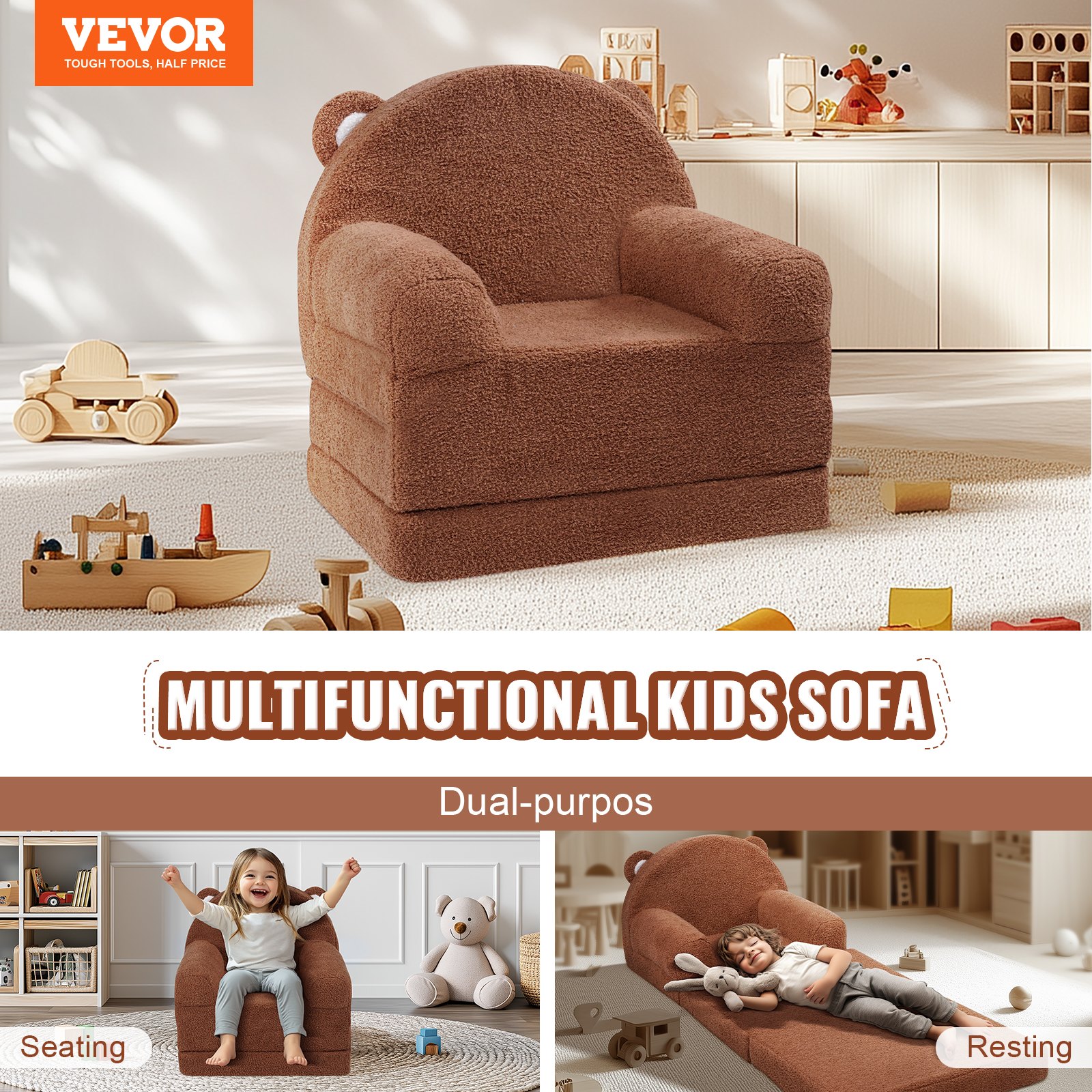 VEVOR Kindersofa 2 in 1 umwandelbares Kindersofa zum Liegestuhl, ausklappbarer Kindersofa-Sessel, Kleinkind Armlehnenstuhl-Bett, zusammenklappbares Kinderspielsofa zum Schlafen, Braun 114 x 50 x 36 cm