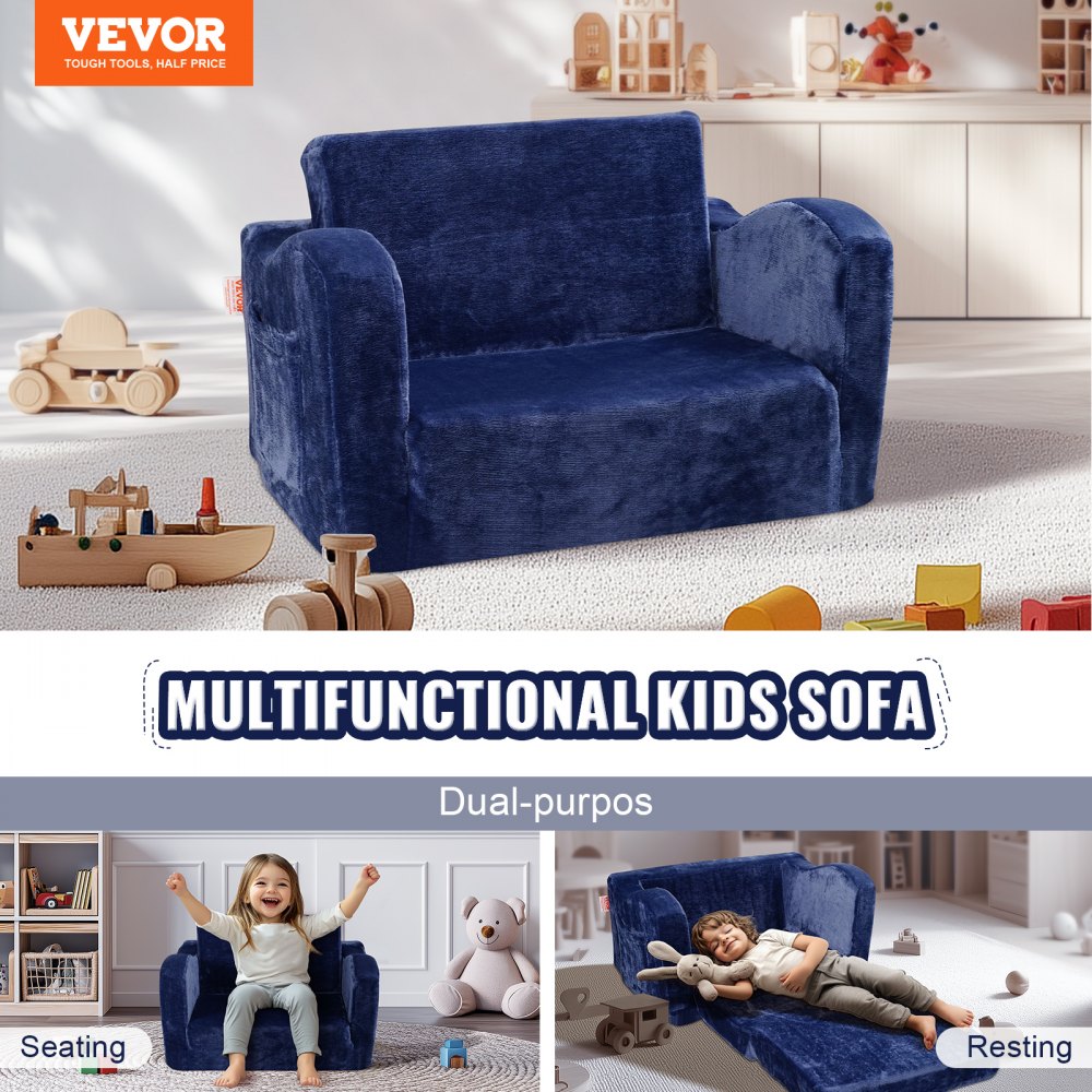 VEVOR Kindersofa 2 in 1 umwandelbares Kindersofa zum Liegestuhl, ausklappbarer Kindersofa-Sessel, Kleinkind Armlehnenstuhl-Bett, zusammenklappbares Kinderspielsofa, Kindercouch Blau 104 x 58 x 32 cm