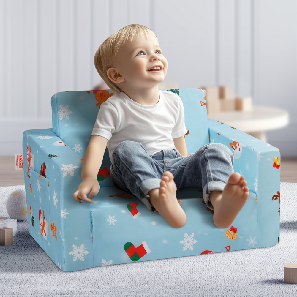 VEVOR Kindersofa 2 in 1 umwandelbares Kindersofa zum Liegestuhl, ausklappbarer Kindersofa-Sessel, Kleinkind Armlehnenstuhl-Bett, zusammenklappbares Kinderspielsofa, mit weihnachtlichem Muster