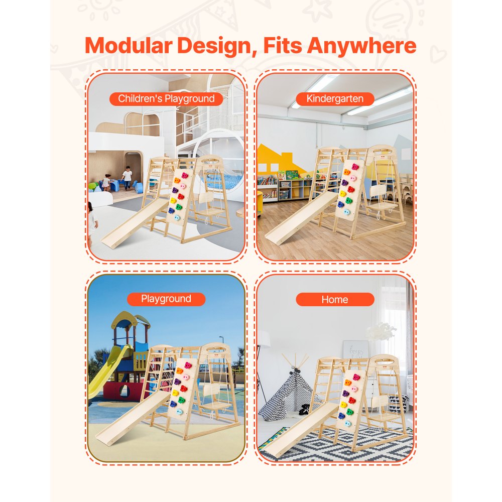 VEVOR Indoor Klettergerüst 7 in 1 Spielplatz für Kleinkinder, 120 x 109 x 121 cm, mit Holz- und Strickleiter Netzleiter Schaukel Klettergerüst Rutsche Kletterwand, Holz-Kletterspielzeug für Kinder
