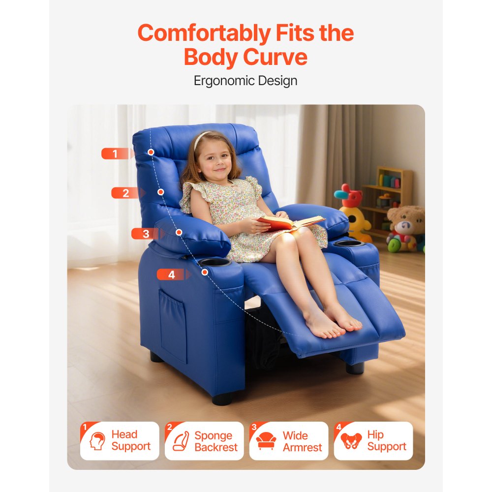 VEVOR Kids Reclining Chair, Toddler Recliner with 2 Cup Holders and 4 Pockets, 107° to 126° Adjustable Back, Easy-to-Clean PU Leather Recliner Couch with Footrest, for Boys, Girls & Children (Blue)