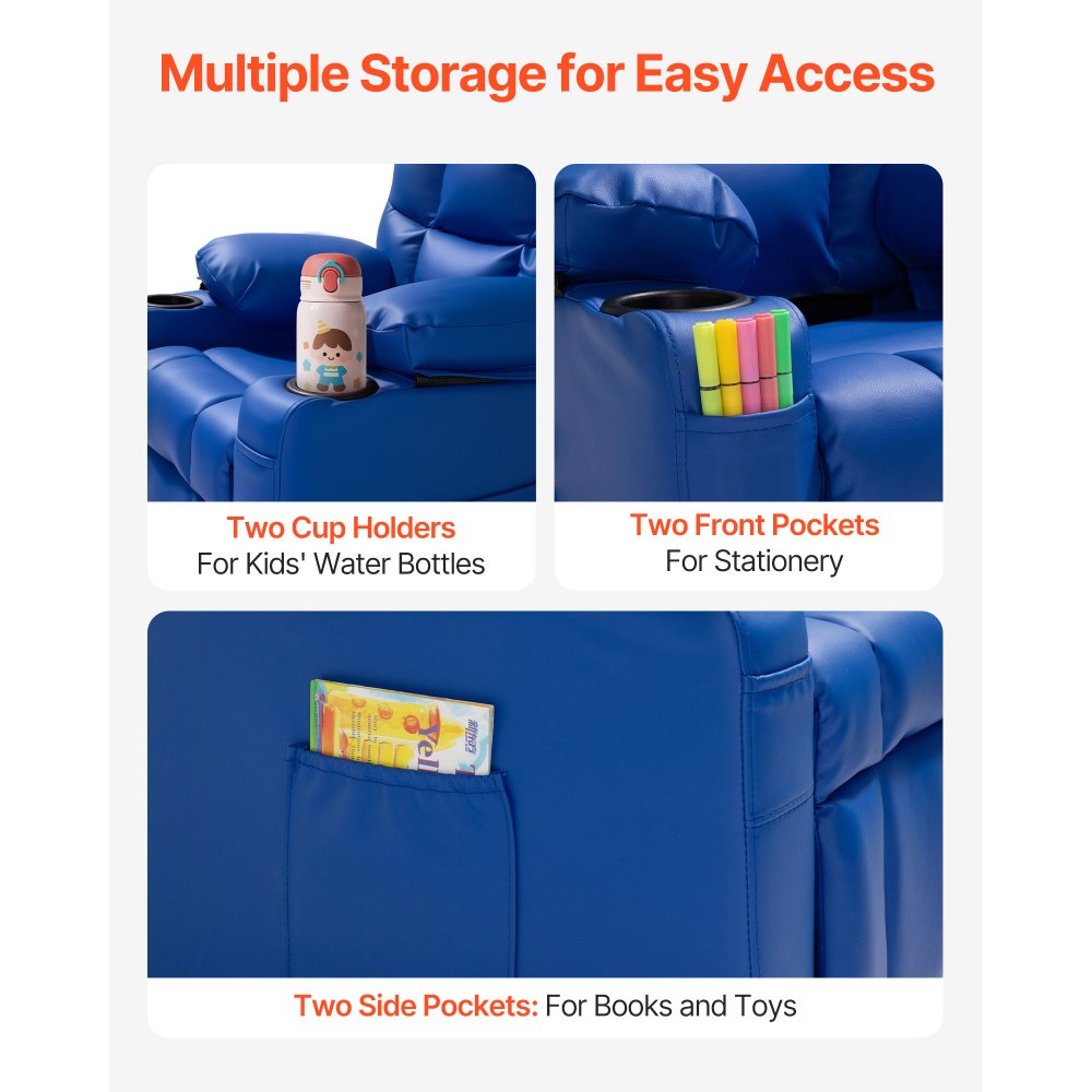 VEVOR Kids Reclining Chair, Toddler Recliner with 2 Cup Holders and 4 Pockets, 107° to 126° Adjustable Back, Easy-to-Clean PU Leather Recliner Couch with Footrest, for Boys, Girls & Children (Blue)