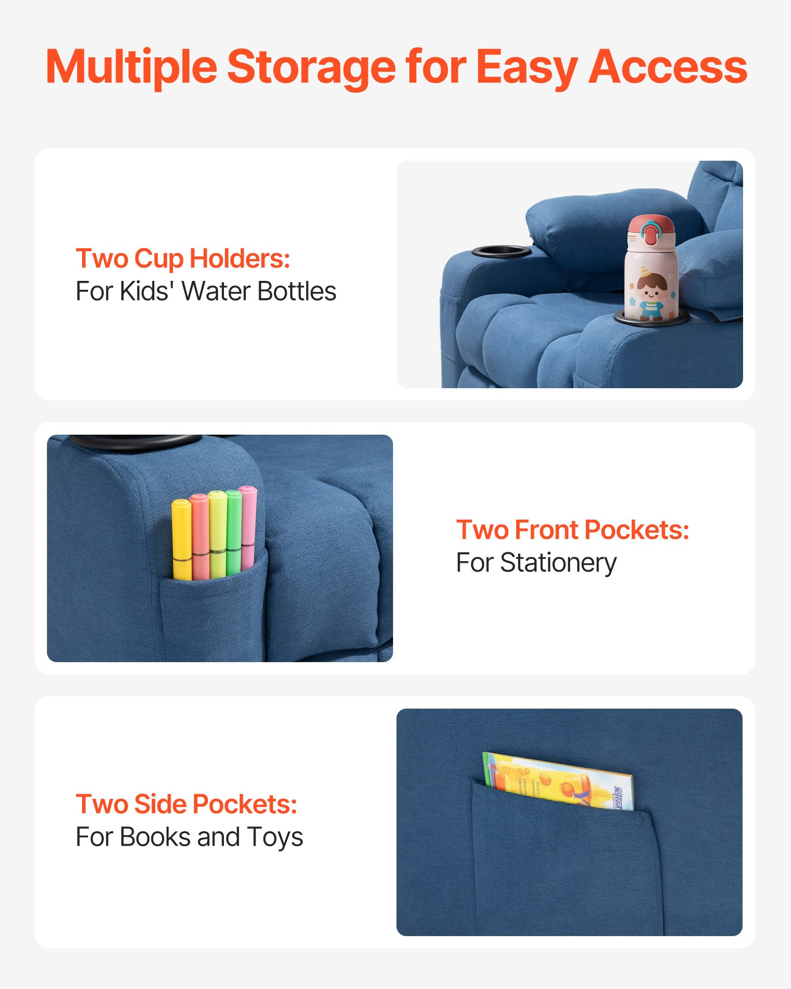 VEVOR Liegestuhl Kindersessel mit Getränkehaltern & Taschen, 107° bis 126° verstellbare Rückenlehne, atmungsaktives Polyestergewebe, Liegecouch mit Fußstütze, für Jungen Mädchen Kinder (blau)