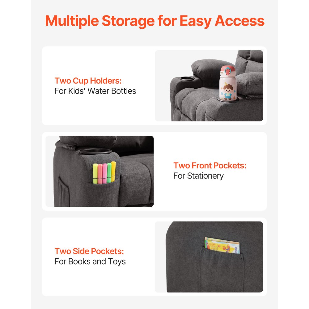 VEVOR Liegestuhl Kindersessel mit Getränkehaltern & Taschen, 107° bis 126° verstellbare Rückenlehne, atmungsaktives Polyestergewebe, Liegecouch mit Fußstütze, für Jungen Mädchen Kinder (Grau)