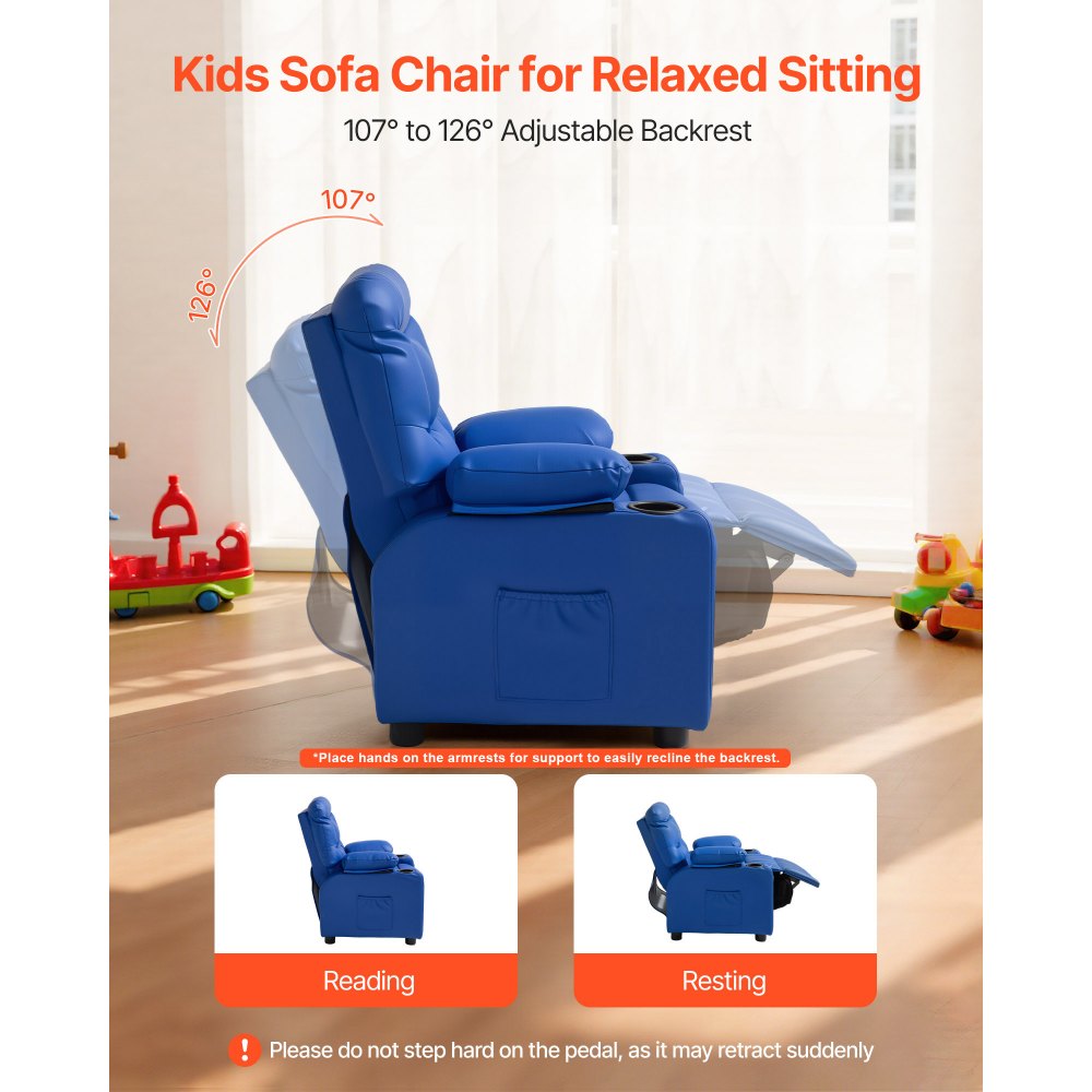 VEVOR Liegestuhl Kindersessel mit Getränkehaltern, 107° bis 126° verstellbare Rückenlehne, Liegecouch aus PU-Leder mit Fußstütze, 50 kg belastbarer Relaxsessel für Jungen Mädchen Kinder (blau)