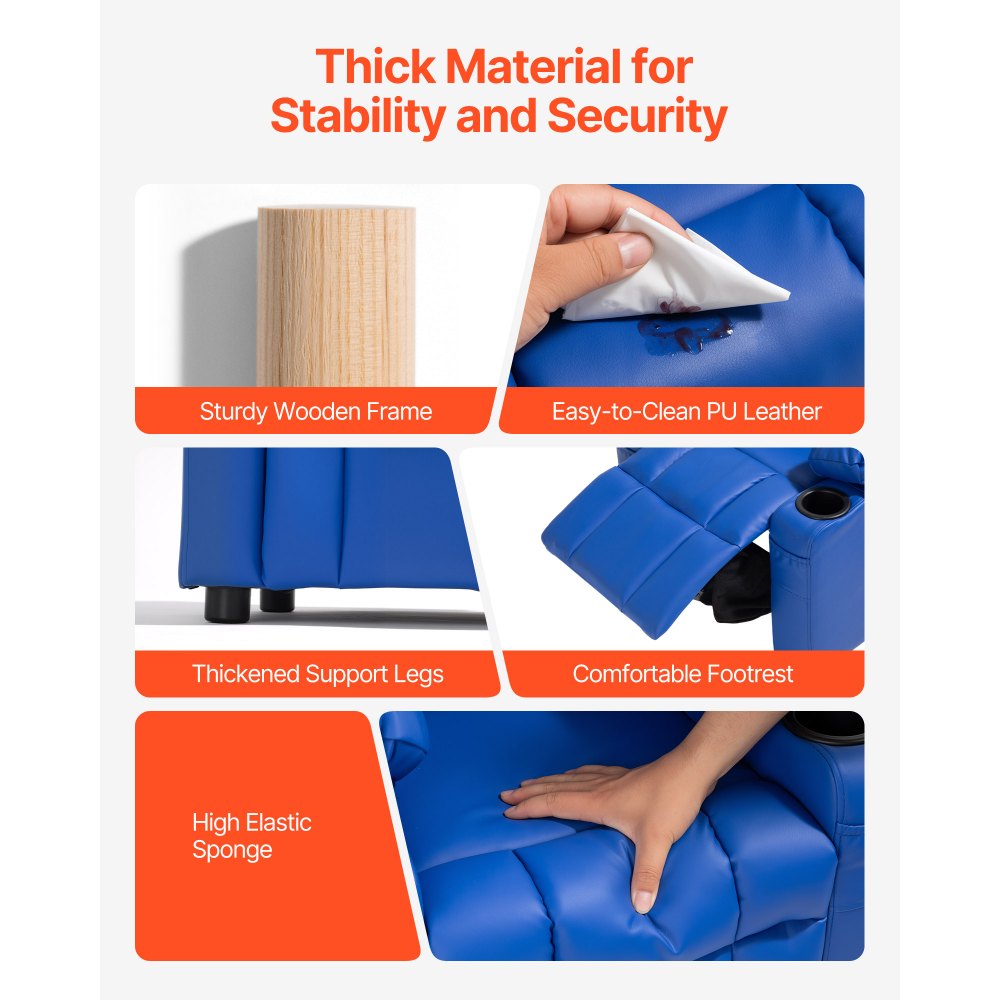 VEVOR Liegestuhl Kindersessel mit Getränkehaltern, 107° bis 126° verstellbare Rückenlehne, Liegecouch aus PU-Leder mit Fußstütze, 50 kg belastbarer Relaxsessel für Jungen Mädchen Kinder (blau)