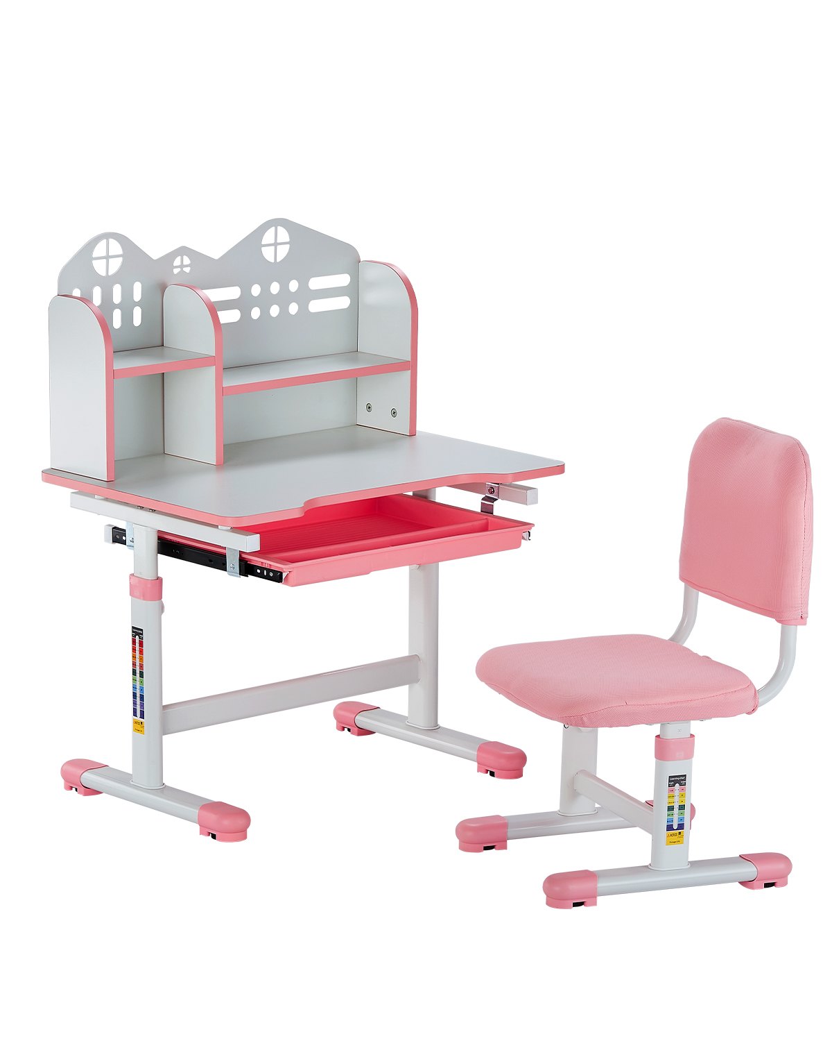 VEVOR Schreibtisch Set Kinderschreibtisch Arbeitstisch und Stuhl höhenverstellbar (53-71 cm) belastbar (100 kg) mit Bücherregal & Schubladen für Schlafzimmer Arbeitszimmer Schule Rosa