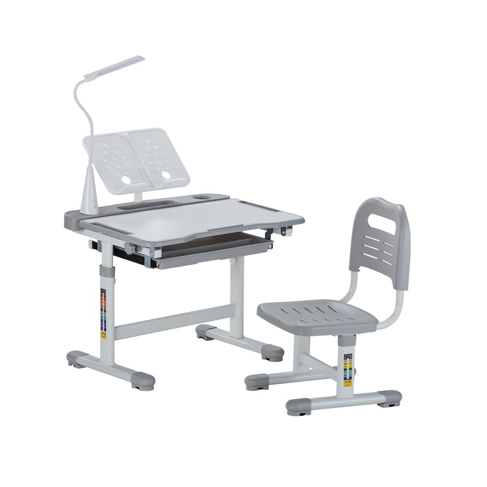 VEVOR Schreibtisch Set Kinderschreibtisch Arbeitstisch und Stuhl höhenverstellbare (53-71 cm) belastbar (100 kg) mit Tischlampe & 0–40° geneigten Schreibtischplatte für Schlafzimmer Grau