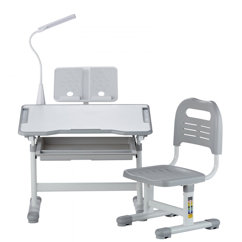 VEVOR Schreibtisch Set Kinderschreibtisch Arbeitstisch und Stuhl höhenverstellbare (53-71 cm) belastbar (100 kg) mit Tischlampe & 0–40° geneigten Schreibtischplatte für Schlafzimmer Grau