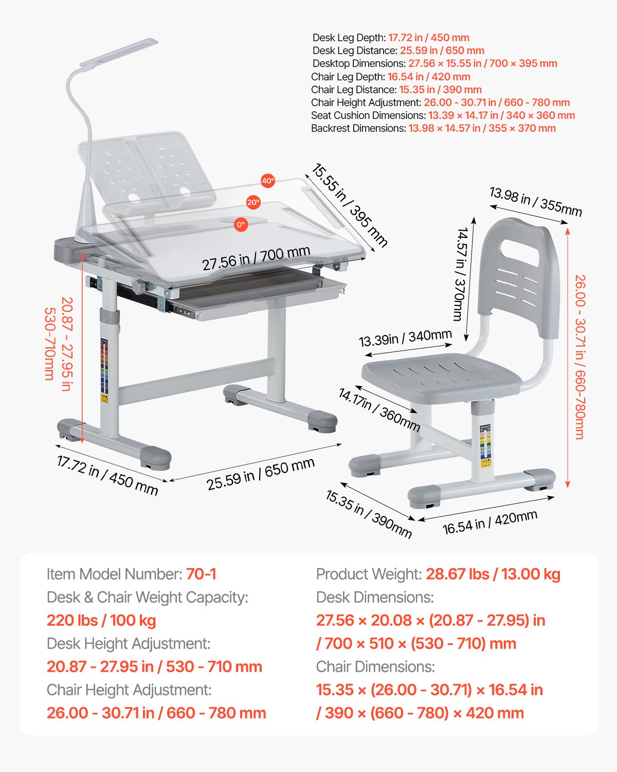 VEVOR Schreibtisch Set Kinderschreibtisch Arbeitstisch und Stuhl höhenverstellbare (53-71 cm) belastbar (100 kg) mit Tischlampe & 0–40° geneigten Schreibtischplatte für Schlafzimmer Grau