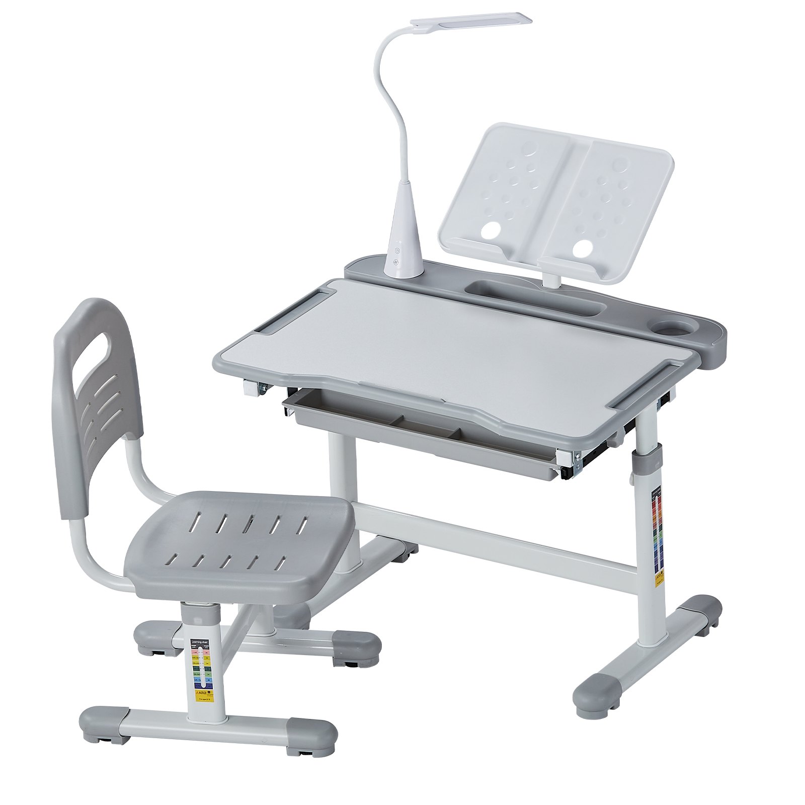 VEVOR Schreibtisch Set Kinderschreibtisch Arbeitstisch und Stuhl höhenverstellbare (53-71 cm) belastbar (100 kg) mit Tischlampe & 0–40° geneigten Schreibtischplatte für Schlafzimmer Grau