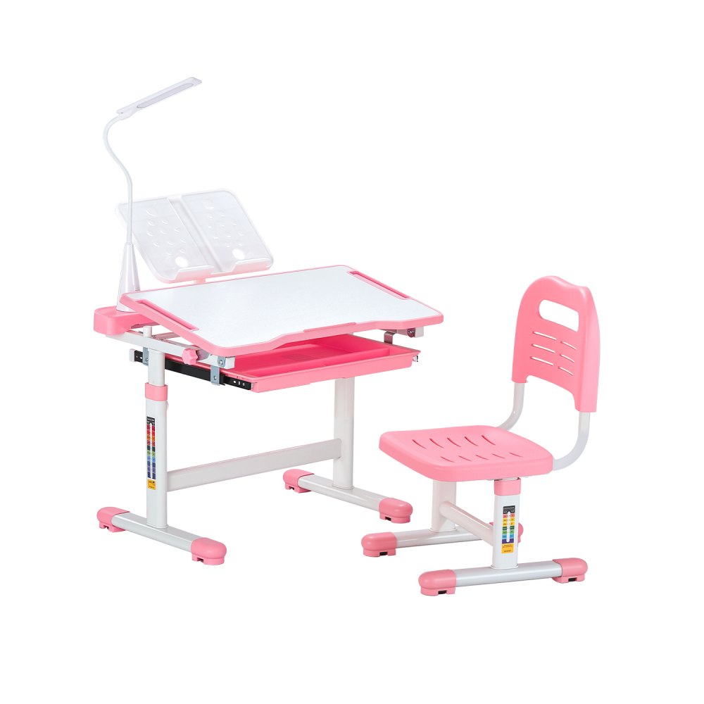VEVOR Schreibtisch Set Kinderschreibtisch Arbeitstisch und Stuhl höhenverstellbar (53-71 cm) belastbar (100 kg) mit Tischlampe & 0–40° geneigten Schreibtischplatte für Schlafzimmer Rosa