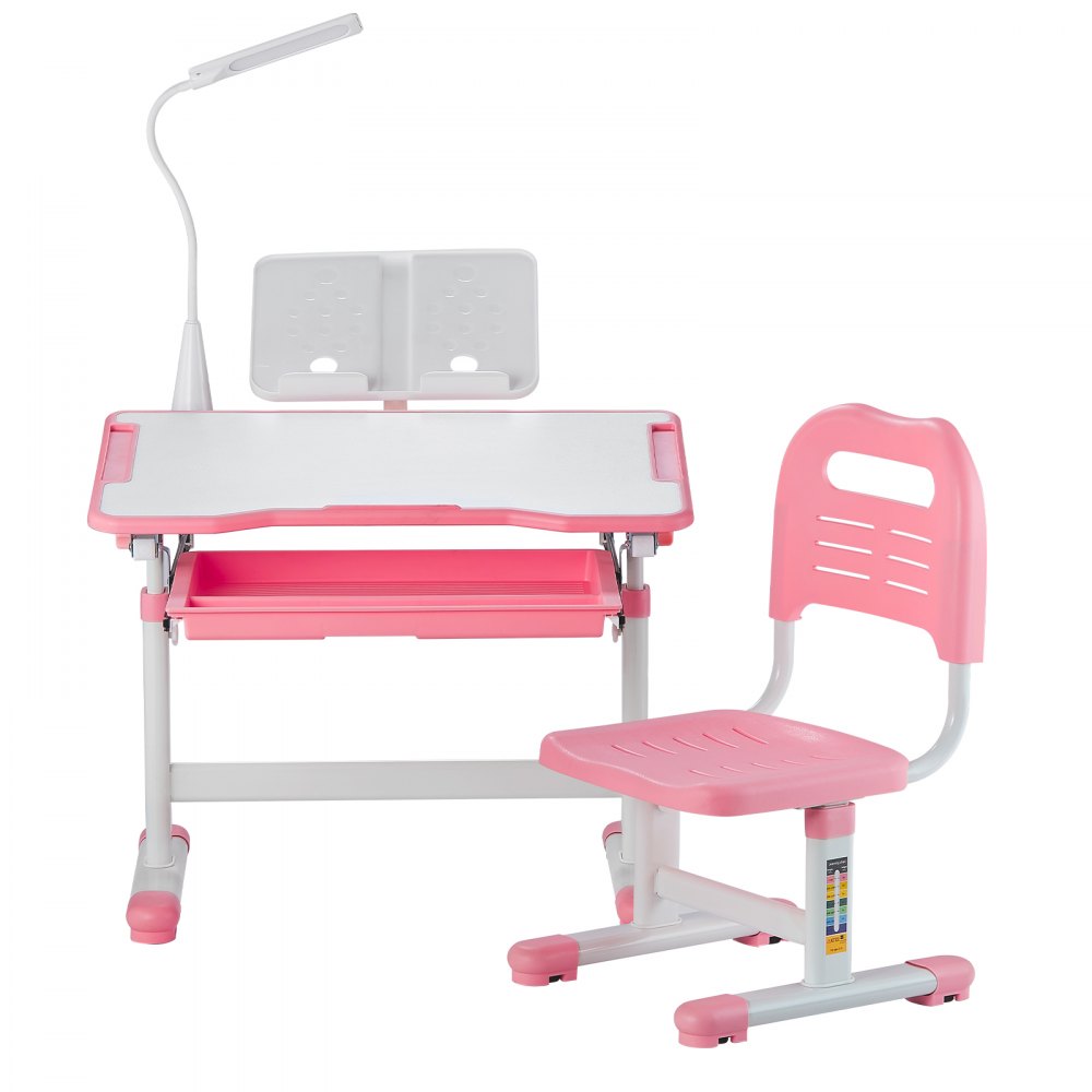VEVOR Schreibtisch Set Kinderschreibtisch Arbeitstisch und Stuhl höhenverstellbar (53-71 cm) belastbar (100 kg) mit Tischlampe & 0–40° geneigten Schreibtischplatte für Schlafzimmer Rosa