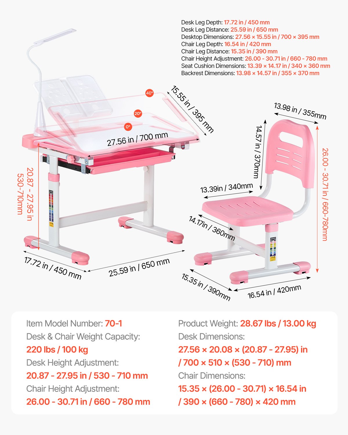VEVOR Schreibtisch Set Kinderschreibtisch Arbeitstisch und Stuhl höhenverstellbar (53-71 cm) belastbar (100 kg) mit Tischlampe & 0–40° geneigten Schreibtischplatte für Schlafzimmer Rosa