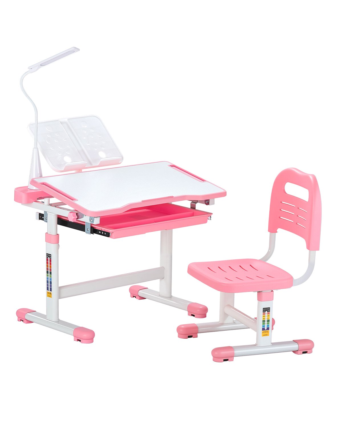 VEVOR Desk Set Children's Desk Work Table and Chair Height Adjustable (53-71 cm) Load Capacity (100 kg) with Table Lamp & 0-40° Tilting Desktop for Bedroom Pink