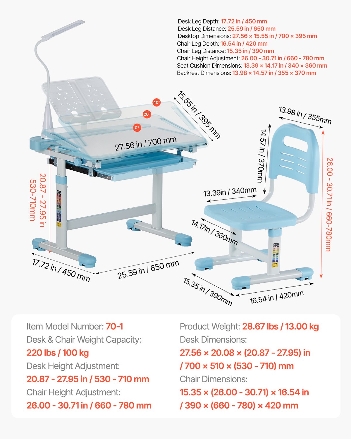 VEVOR Desk Set Children's Desk Work Table and Chair Height Adjustable (53-71 cm) Load Capacity (100 kg) with Table Lamp & 0-40° Tilting Desktop for Bedroom Blue