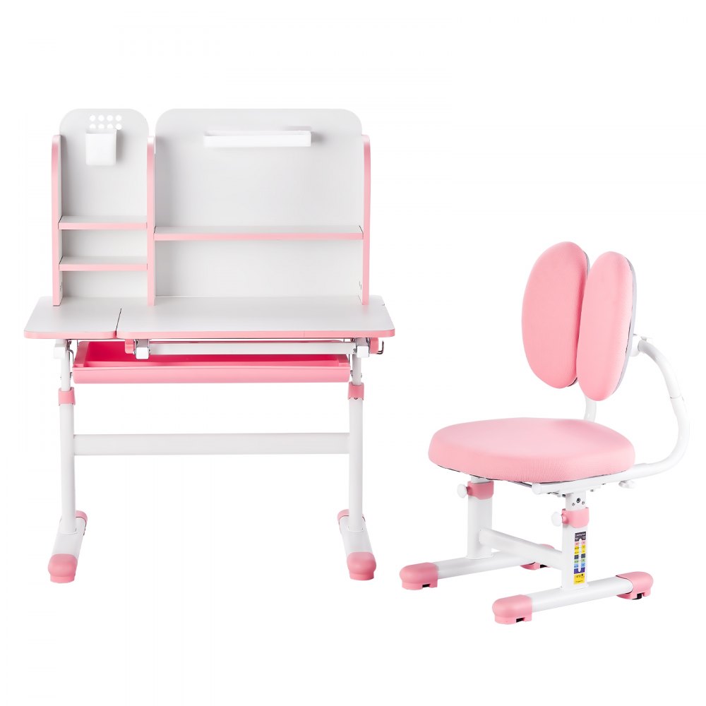 VEVOR Schreibtisch Set Kinderschreibtisch Arbeitstisch und Stuhl höhenverstellbar (54-73 cm) belastbar (100 kg)  0–40° neigbarer Tisch mit Bücherregal für Schlafzimmer Arbeitszimmer Rosa