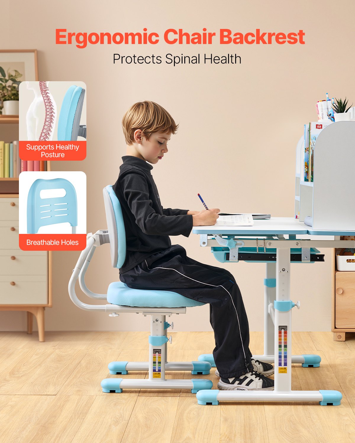 VEVOR Schreibtisch Kinderschreibtisch Arbeitstisch und Stuhl höhenverstellbarer (54-73 cm) belastbarer (100 kg)  0–40° neigbarer Tisch mit Bücherregal für Schlafzimmer Arbeitszimmer Schule Blau