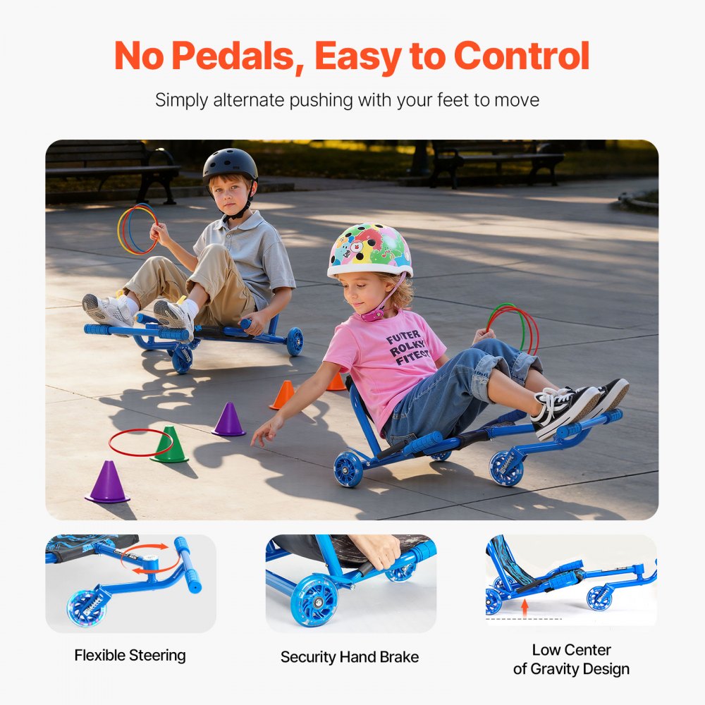 VEVOR Ride on Scooter 60 kg Swing Side-to-Side for Amazing Riding Blue, for Ages 4+, Powered by Zig-Zag Motion, Ride on Drifting Toy, with Adjustable Length, for Hard Surface, Indoor & Outdoor