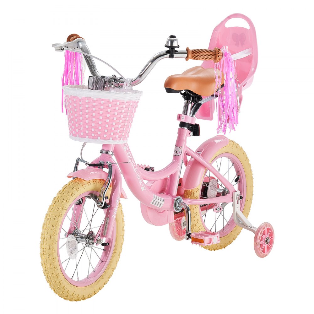 VEVOR Kinderfahrrad für 3-5 Straßenfahrrad 14 Zoll mit Stützrädern Rosa, Kinderrad für Mädchen, Kohlenstoffstahlrahmen, Doppelbremsen, Verstellbarer Sitz, mit Puppensitz & Korb, Prinzessin-Stil