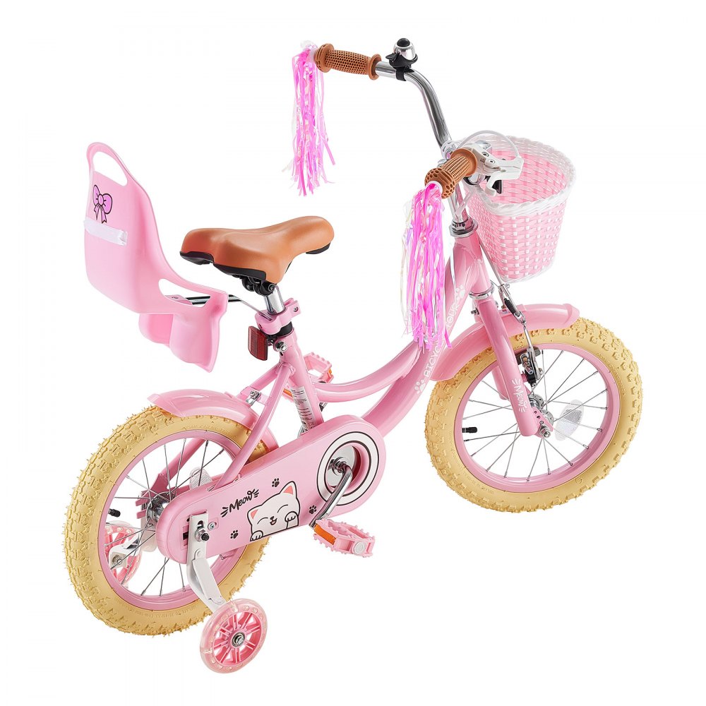 VEVOR Kinderfahrrad für 3-5 Straßenfahrrad 14 Zoll mit Stützrädern Rosa, Kinderrad für Mädchen, Kohlenstoffstahlrahmen, Doppelbremsen, Verstellbarer Sitz, mit Puppensitz & Korb, Prinzessin-Stil