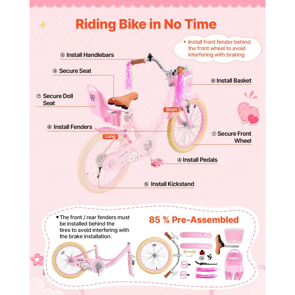 VEVOR Kinderfahrrad 18 Zoll Straßenfahrrad für 5-8 Jahre mit Ständer Rosa, Kinderrad für Mädchen, Kohlenstoffstahlrahmen, Prinzessin-Stil, Doppelbremsen, Verstellbarer Sitz, mit Puppensitz & Korb