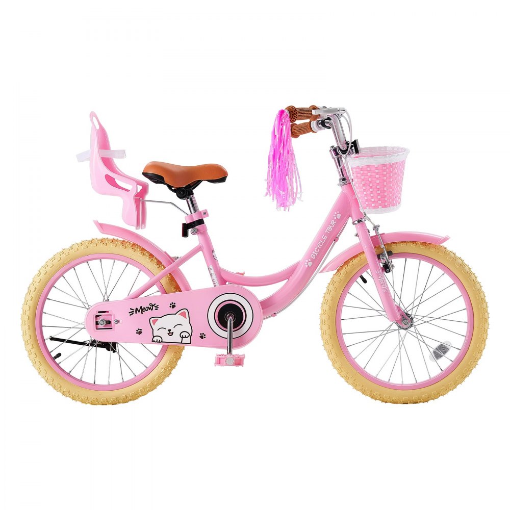 VEVOR Kinderfahrrad 18 Zoll Straßenfahrrad für 5-8 Jahre mit Ständer Rosa, Kinderrad für Mädchen, Kohlenstoffstahlrahmen, Prinzessin-Stil, Doppelbremsen, Verstellbarer Sitz, mit Puppensitz & Korb