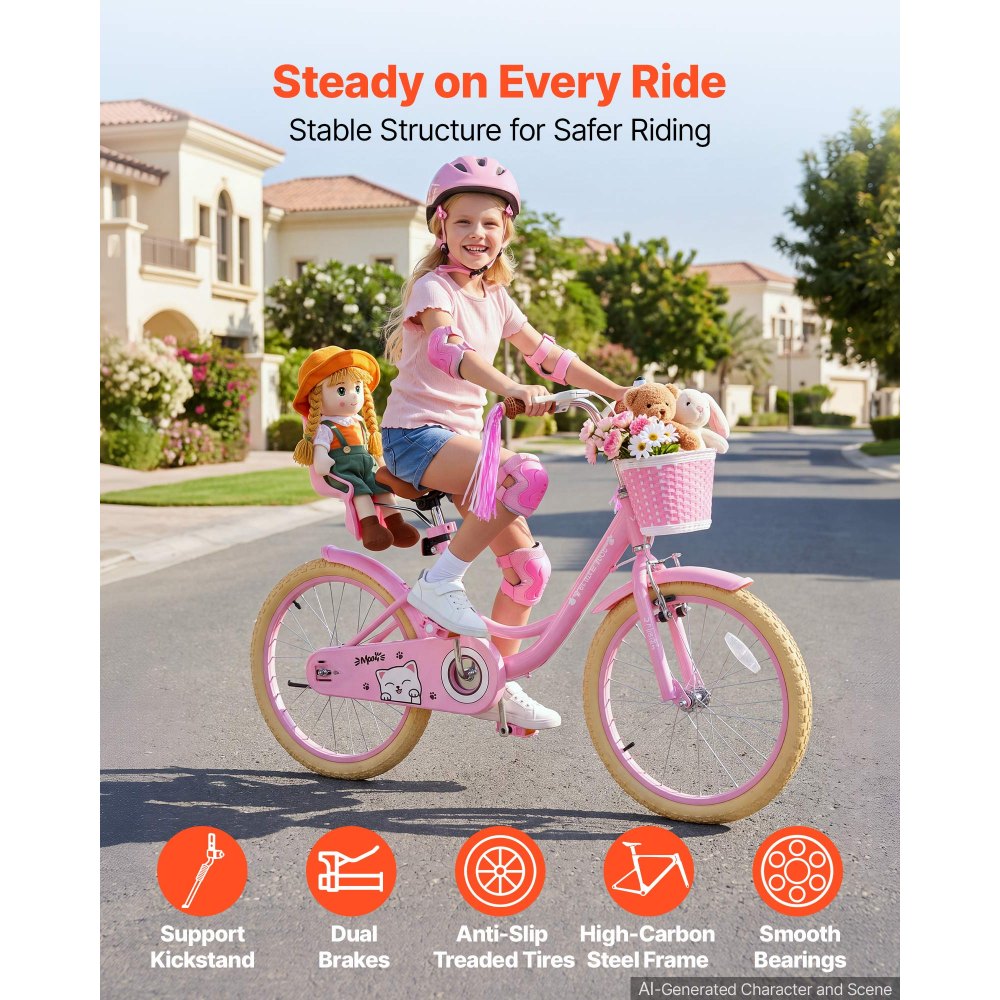 VEVOR Kinderfahrrad 20 Zoll Straßenfahrrad für 7-13 Jahre mit Ständer Rosa, Kinderrad aus Kohlenstoffstahl für Mädchen, Prinzessin-Stil, Doppelbremsen, Sattel & Lenker Verstellbar, mit Puppensitz Korb
