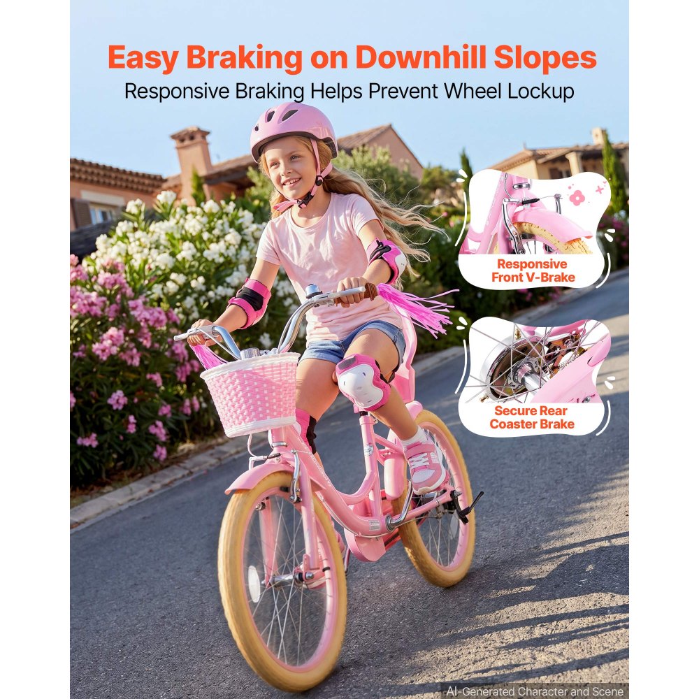 VEVOR Kinderfahrrad 20 Zoll Straßenfahrrad für 7-13 Jahre mit Ständer Rosa, Kinderrad aus Kohlenstoffstahl für Mädchen, Prinzessin-Stil, Doppelbremsen, Sattel & Lenker Verstellbar, mit Puppensitz Korb