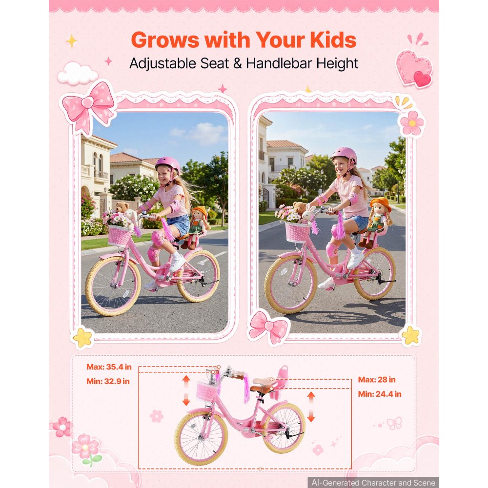 VEVOR Kinderfahrrad 20 Zoll Straßenfahrrad für 7-13 Jahre mit Ständer Rosa, Kinderrad aus Kohlenstoffstahl für Mädchen, Prinzessin-Stil, Doppelbremsen, Sattel & Lenker Verstellbar, mit Puppensitz Korb