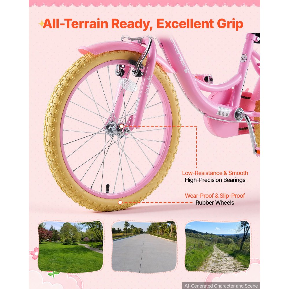 VEVOR Kinderfahrrad 20 Zoll Straßenfahrrad für 7-13 Jahre mit Ständer Rosa, Kinderrad aus Kohlenstoffstahl für Mädchen, Prinzessin-Stil, Doppelbremsen, Sattel & Lenker Verstellbar, mit Puppensitz Korb