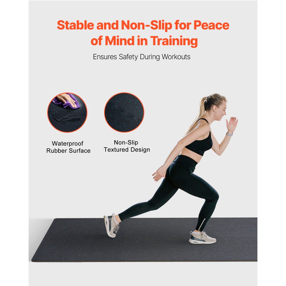 VEVOR Yoga Bodenmatten 6 Stk. Gummioberfläche & EVA-Schaum, 61 x 61 cm Trainingsmatten mit 24 Quadratfuß Abdeckung, ineinandergreifende Gymnastikmatten für Fitnessstudio Garage, Schwarz & Blau