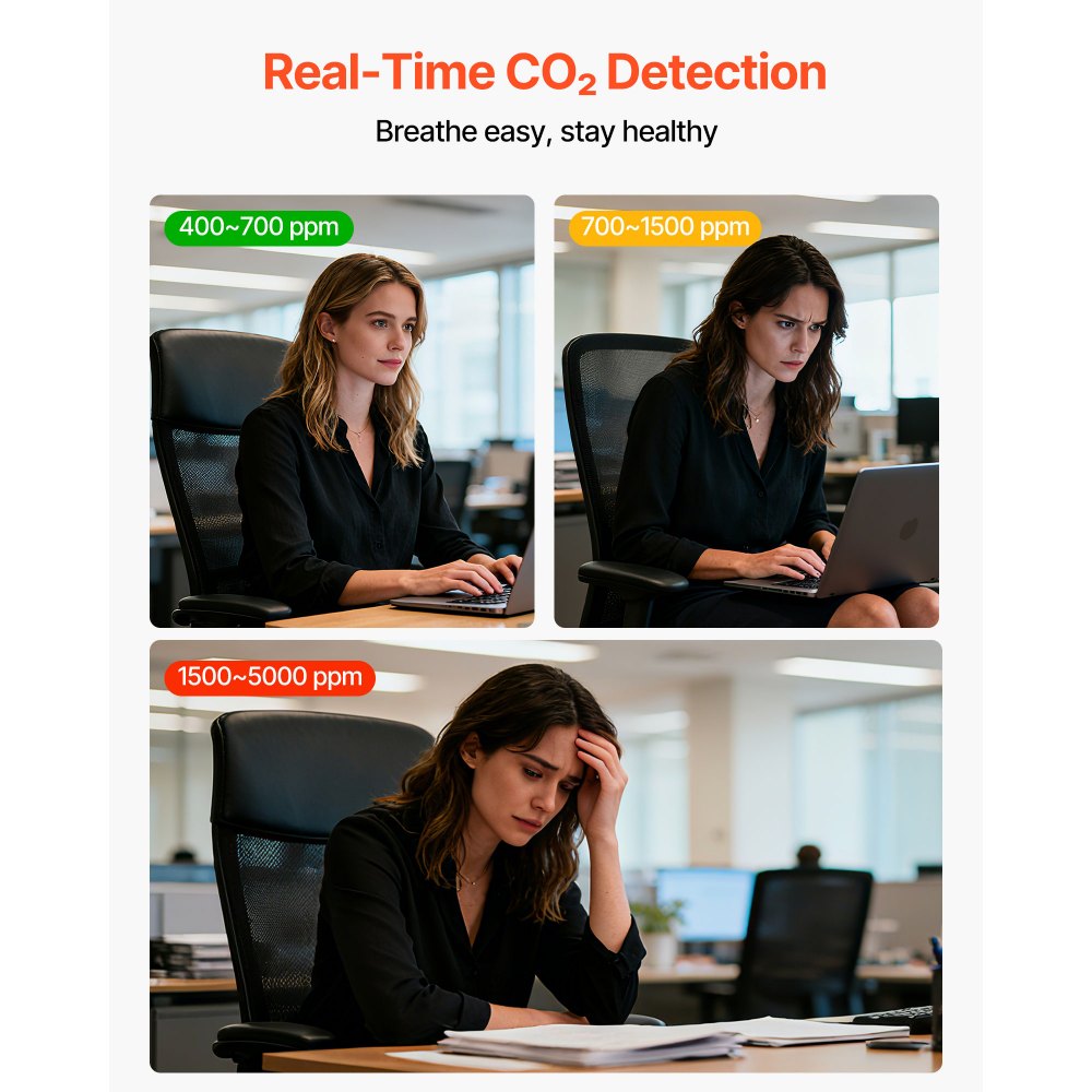 VEVOR CO2-Detektor, CO2-Monitor mit Temperatur- & Feuchtigkeitsanzeige, NDIR-Sensor, Kohlendioxid-Messgerät, CO2-Melder für den Außenbereich, Zuhause, Büro, Auto, Wandmontage