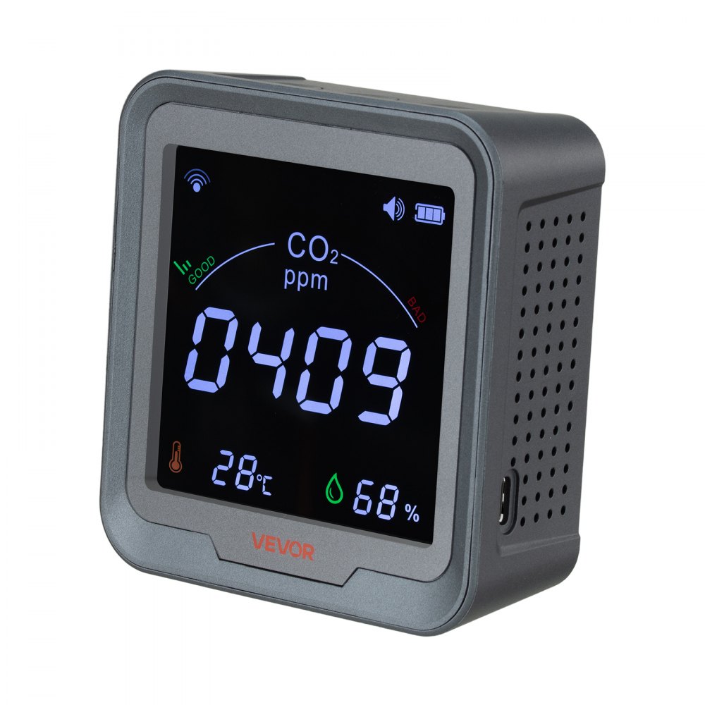 VEVOR WLAN-CO2-Detektor, CO2-Monitor mit Temperatur- & Feuchtigkeitsanzeige, NDIR-Sensor, Kohlendioxid-Messgerät, CO2-Melder für den Außenbereich, Zuhause, Büro, Auto, Wandmontage