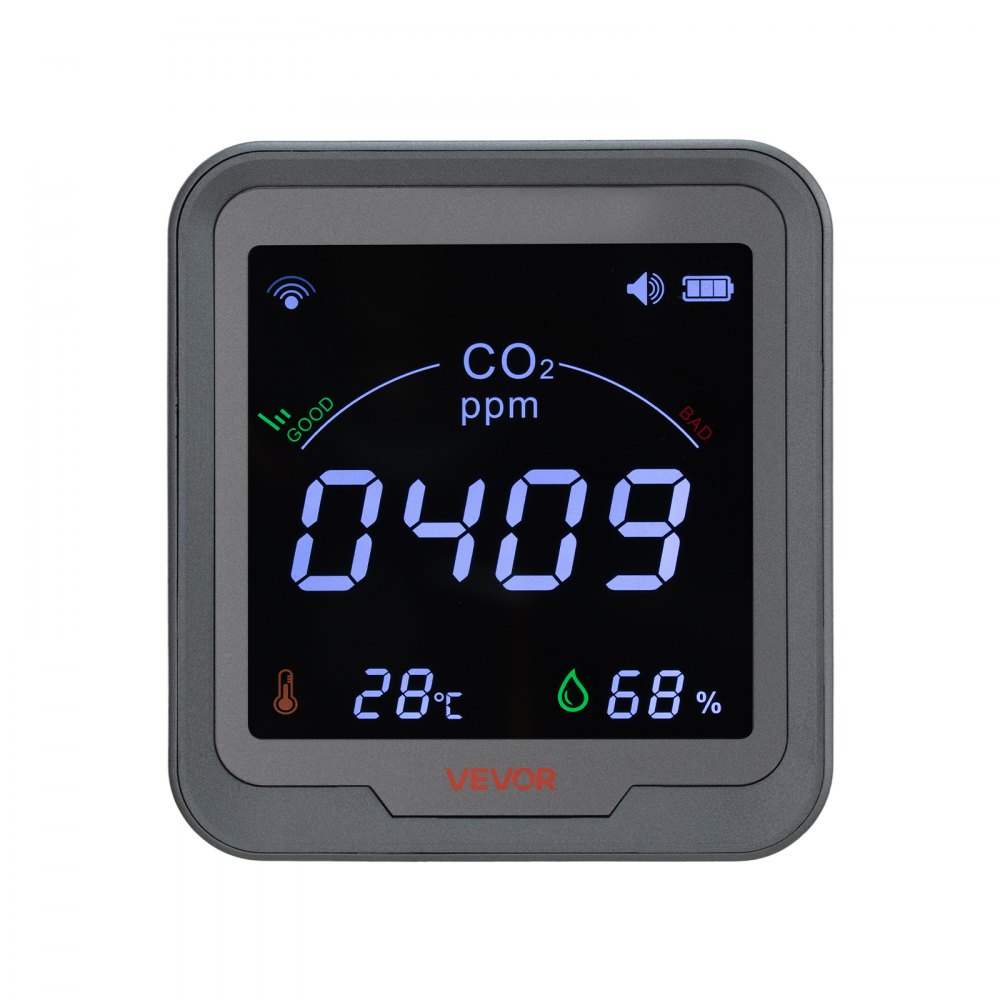 VEVOR WLAN-CO2-Detektor, CO2-Monitor mit Temperatur- & Feuchtigkeitsanzeige, NDIR-Sensor, Kohlendioxid-Messgerät, CO2-Melder für den Außenbereich, Zuhause, Büro, Auto, Wandmontage