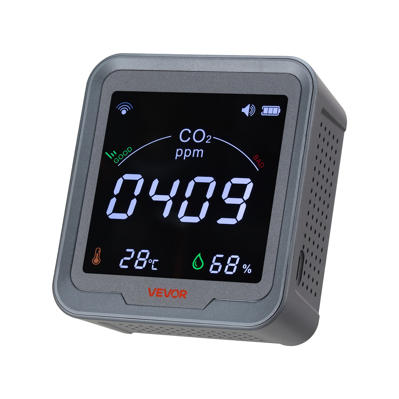 VEVOR WLAN-CO2-Detektor, CO2-Monitor mit Temperatur- & Feuchtigkeitsanzeige, NDIR-Sensor, Kohlendioxid-Messgerät, CO2-Melder für den Außenbereich, Zuhause, Büro, Auto, Wandmontage