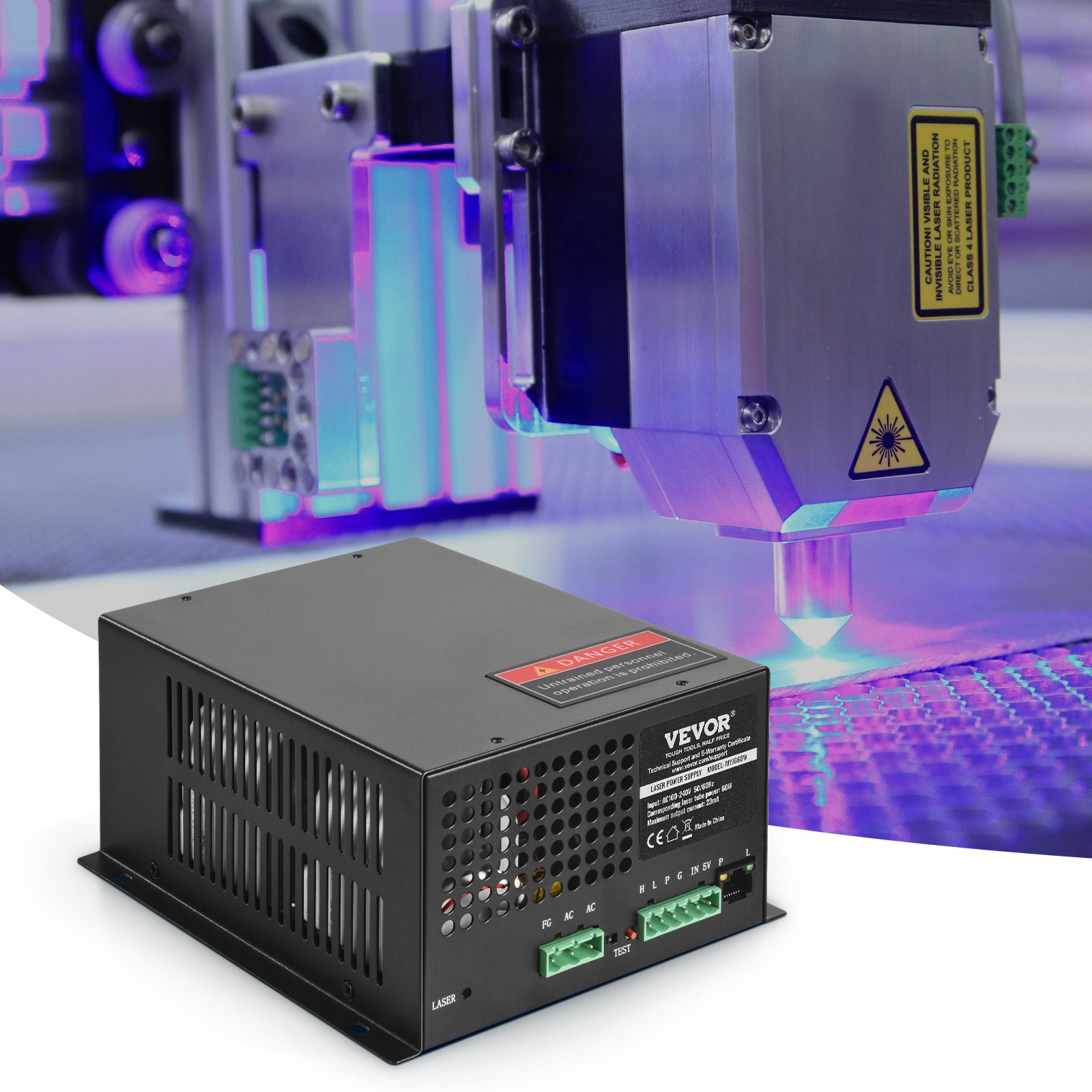 VEVOR CO2 laser power supply, 60 W, power supply for 60 W laser tube, constant current protection, no-load protection, fast heat dissipation, compatible with laser engravers and cutters of several brands