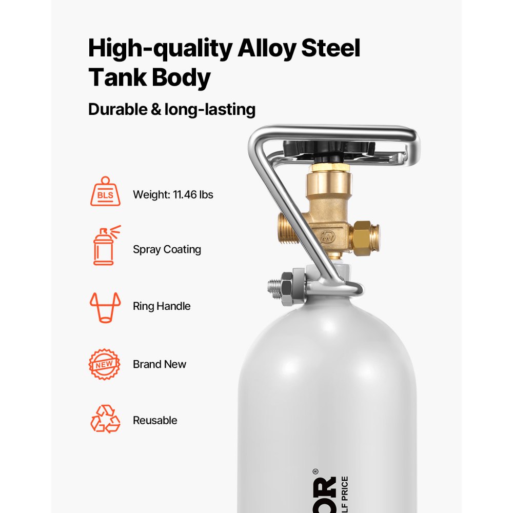 VEVOR CO2 Tank (2 kg) CO2 bottle made of alloy steel, CO2 air tank with gray spray coating, DIN477 valve, handle and adjustable pressure, TÜV-tested gas cylinder for dispensing draft beer without CO₂