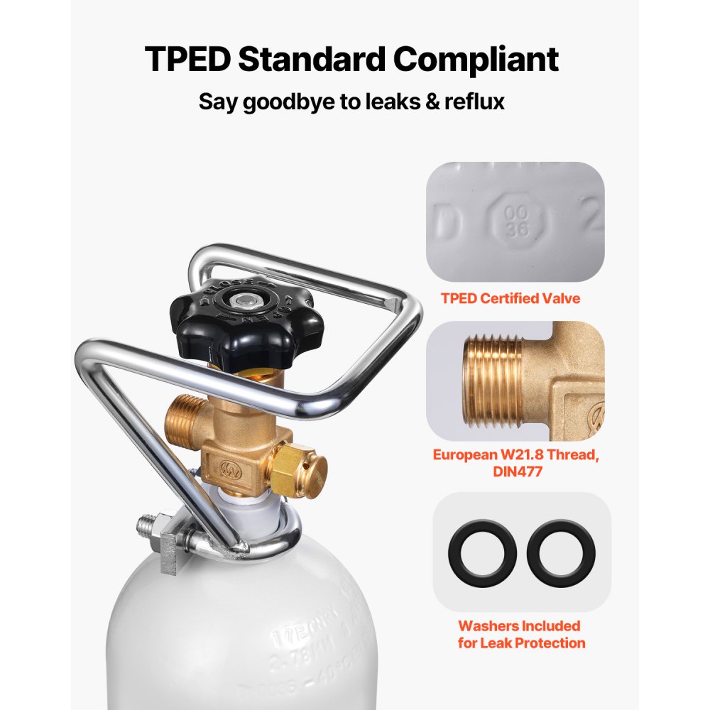 VEVOR CO2 Tank (2 kg) CO2 bottle made of alloy steel, CO2 air tank with gray spray coating, DIN477 valve, handle and adjustable pressure, TÜV-tested gas cylinder for dispensing draft beer without CO₂