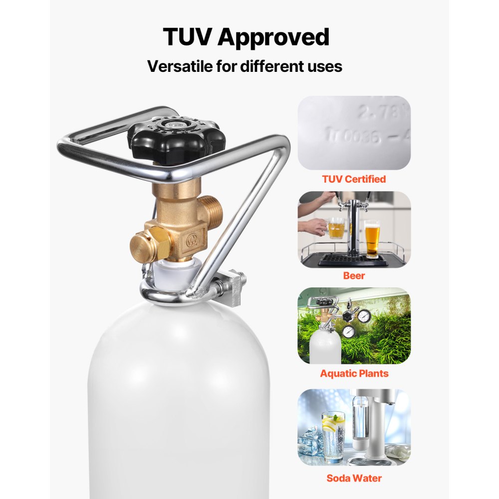 VEVOR CO2 Tank (2 kg) CO2 bottle made of alloy steel, CO2 air tank with gray spray coating, DIN477 valve, handle and adjustable pressure, TÜV-tested gas cylinder for dispensing draft beer without CO₂