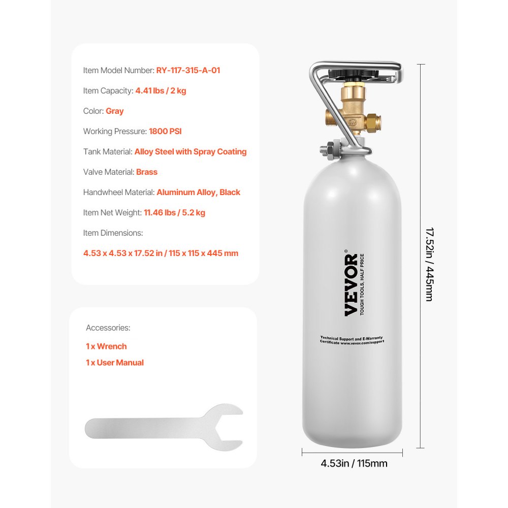 VEVOR CO2 Tank (2 kg) CO2 bottle made of alloy steel, CO2 air tank with gray spray coating, DIN477 valve, handle and adjustable pressure, TÜV-tested gas cylinder for dispensing draft beer without CO₂
