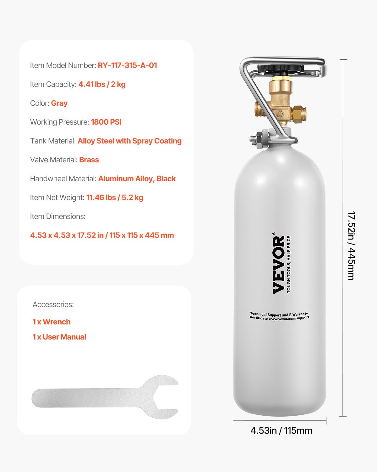 VEVOR CO2-Tank (2 kg) CO2 Flasche aus legiertem Stahl, CO2-Lufttank mit grauer Sprühbeschichtung, DIN477-Ventil, Griff und einstellbarem Druck, TÜV-geprüfter Gaszylinder für Fassbierausschank