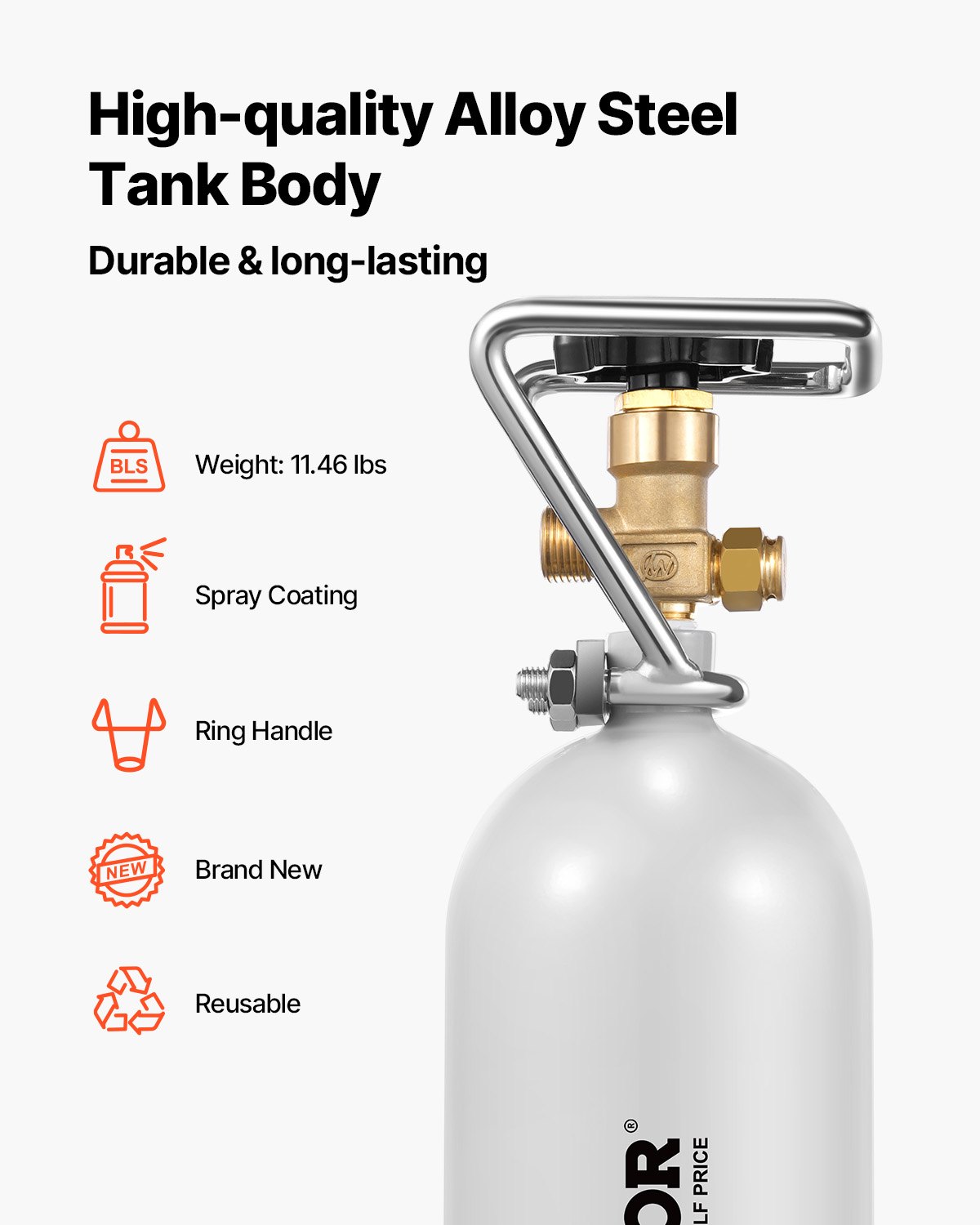 VEVOR CO2 Tank (2 kg) CO2 bottle made of alloy steel, CO2 air tank with gray spray coating, DIN477 valve, handle and adjustable pressure, TÜV-tested gas cylinder for dispensing draft beer without CO₂