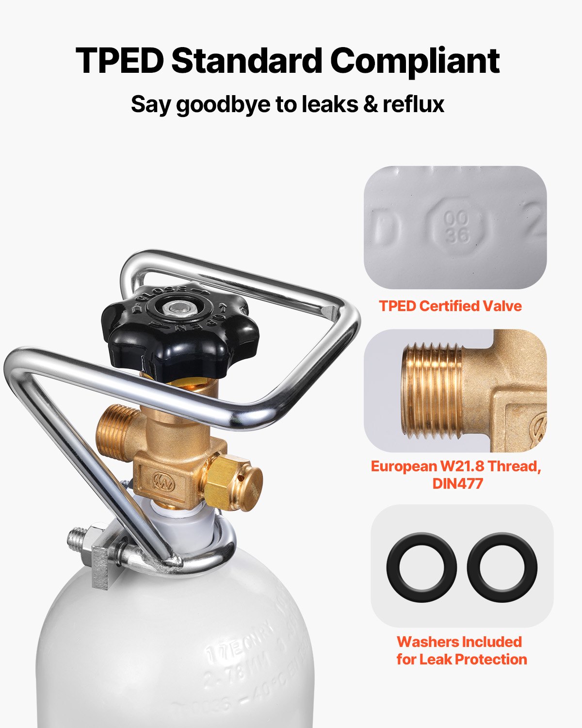 VEVOR CO2 Tank (2 kg) CO2 bottle made of alloy steel, CO2 air tank with gray spray coating, DIN477 valve, handle and adjustable pressure, TÜV-tested gas cylinder for dispensing draft beer without CO₂