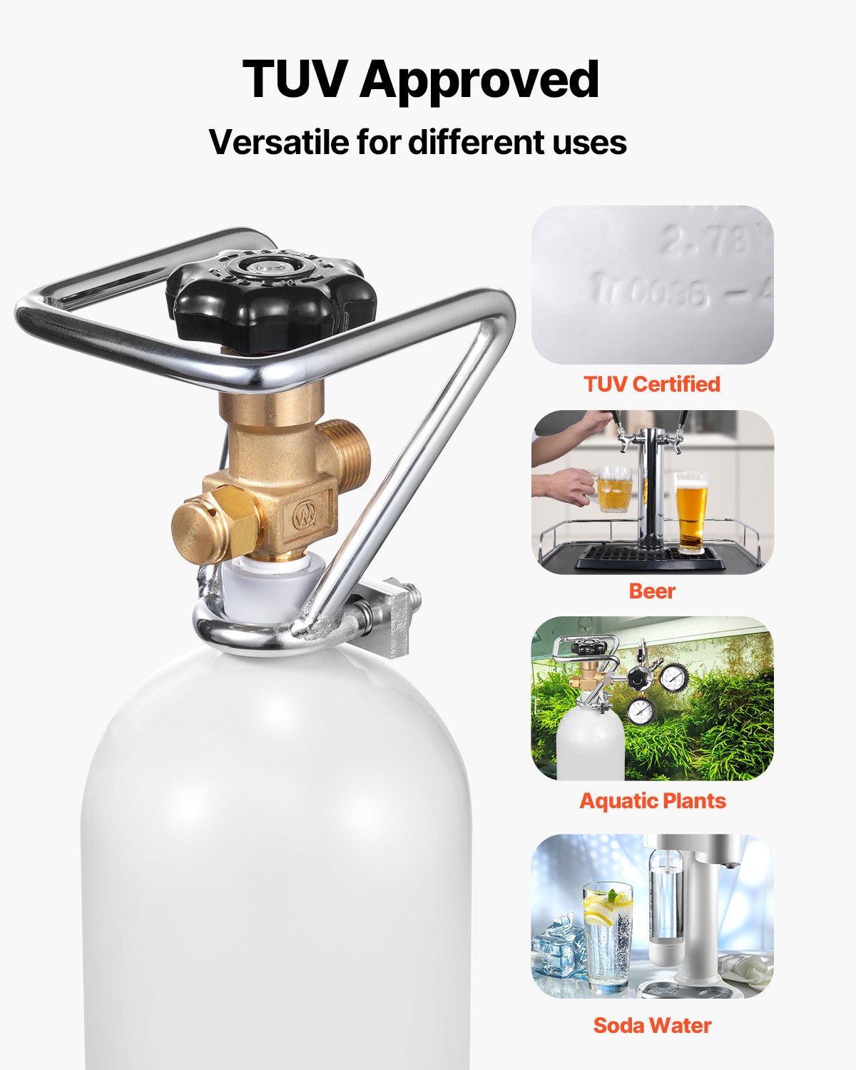 VEVOR CO2 Tank (2 kg) CO2 bottle made of alloy steel, CO2 air tank with gray spray coating, DIN477 valve, handle and adjustable pressure, TÜV-tested gas cylinder for dispensing draft beer without CO₂